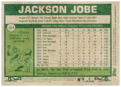 2026 Topps Heritage Jackson Jobe Card Detroit Tigers #164