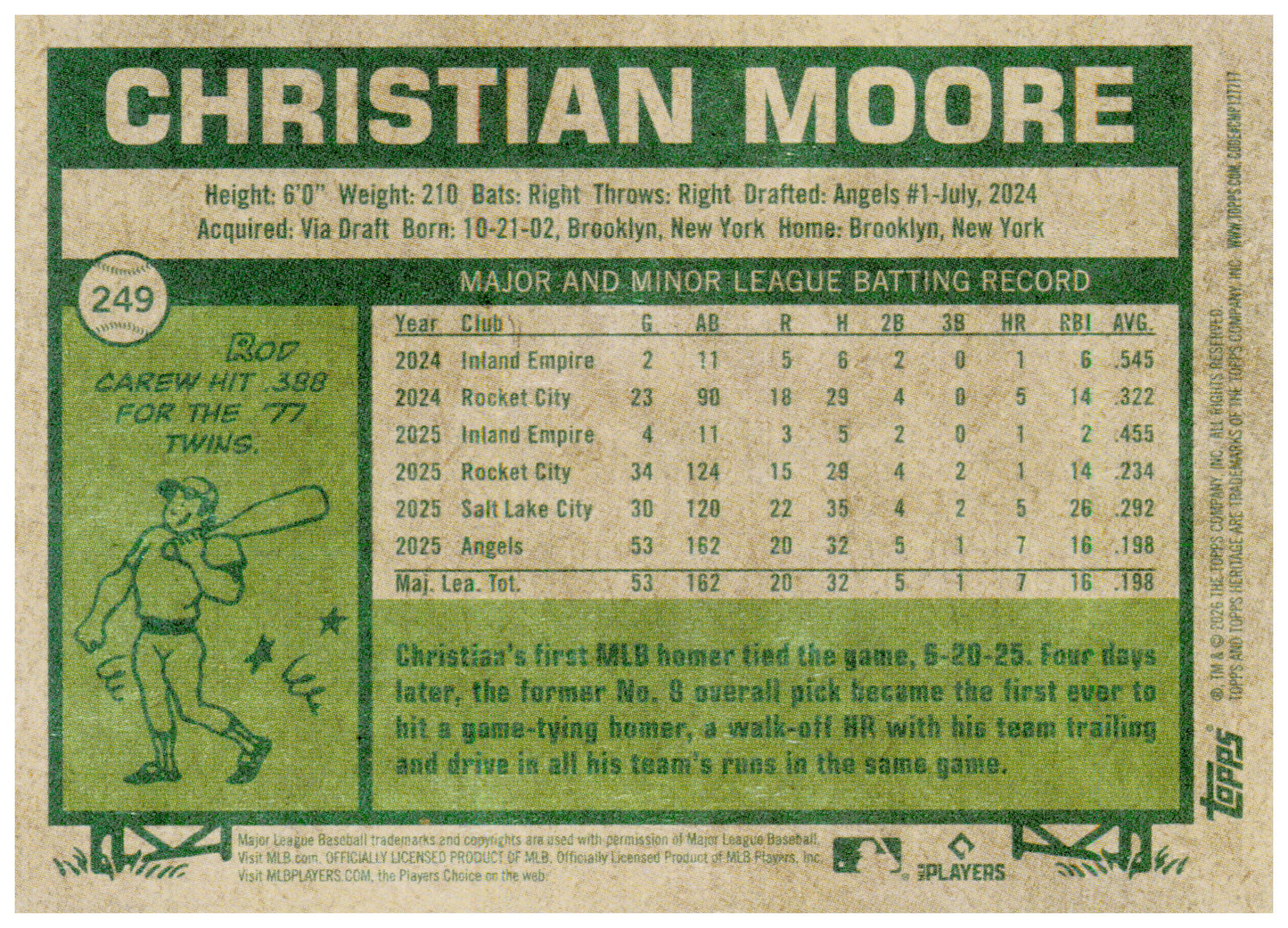 2026 Topps Heritage Christian Moore Card RC Los Angeles Angels #249