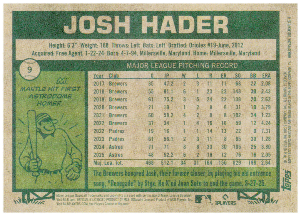 2026 Topps Heritage Josh Hader Card Houston Astros #9