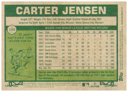 2026 Topps Heritage Carter Jensen Card RC Kansas City Royals #199