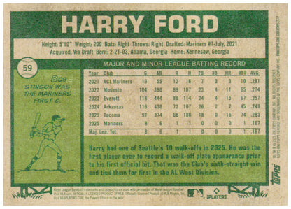 2026 Topps Heritage Harry Ford Card RC Seattle Mariners #59