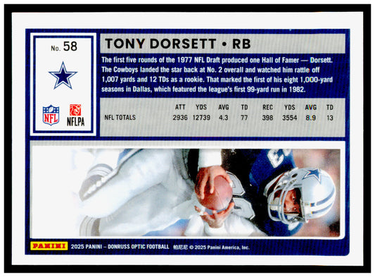 2025 Donruss Optic Tony Dorsett Card Dallas Cowboys #58