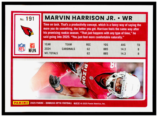2025 Donruss Optic Marvin Harrison Jr. Card Arizona Cardinals #191