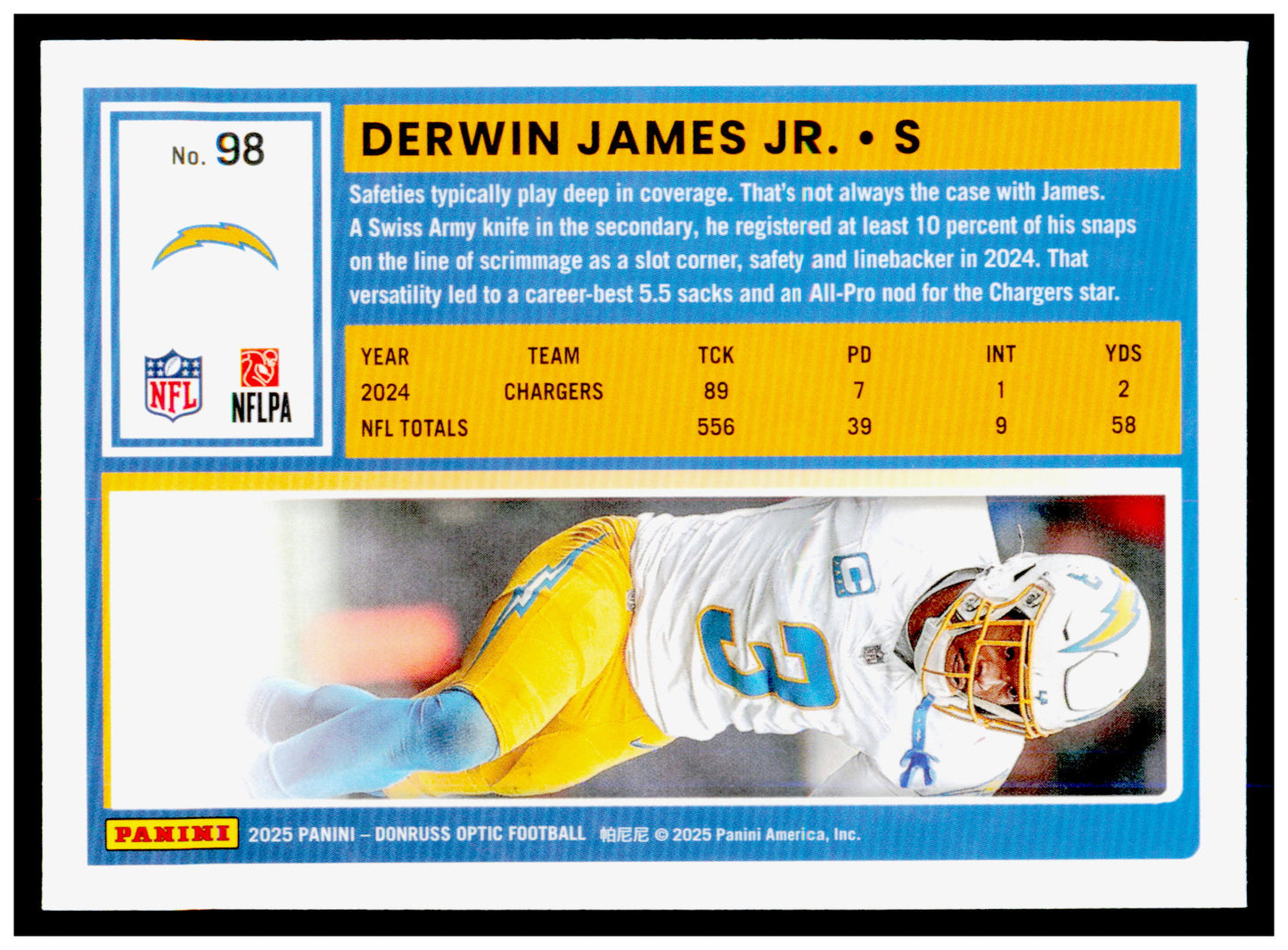 2025 Donruss Derwin James Jr. Card Press Proofs Yellow Los Angeles Chargers #130