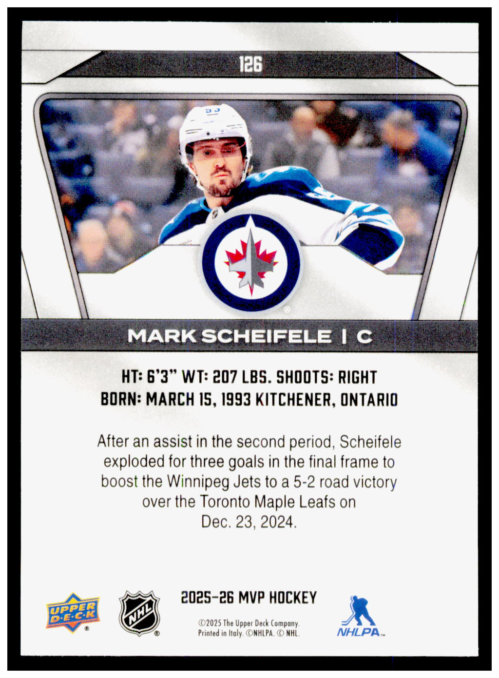 2025-26 Upper Deck MVP Mark Scheifele Card Silver Script Winnipeg Jets #126