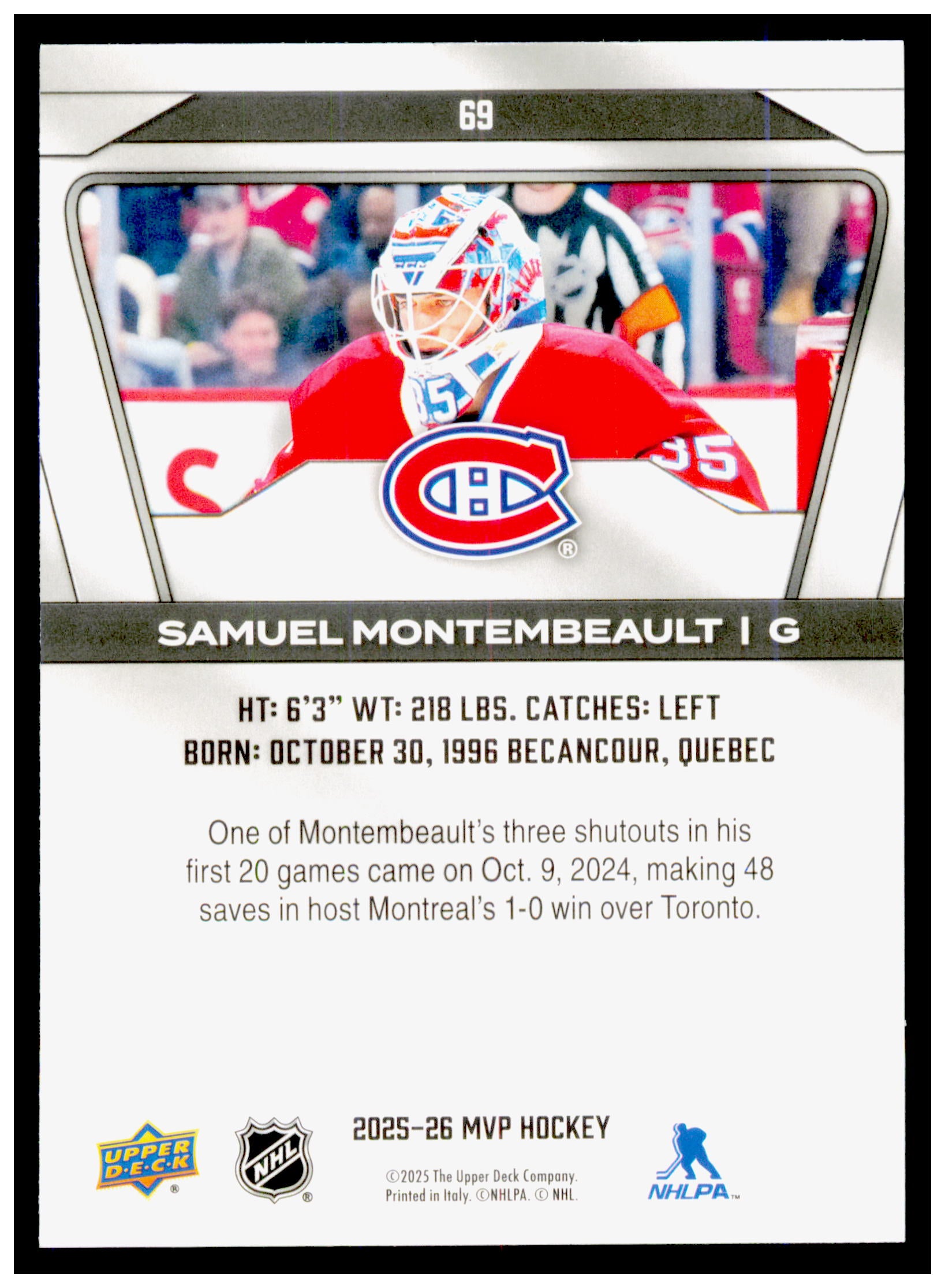2025-26 Upper Deck MVP Samuel Montembeault Card Montreal Canadiens #69