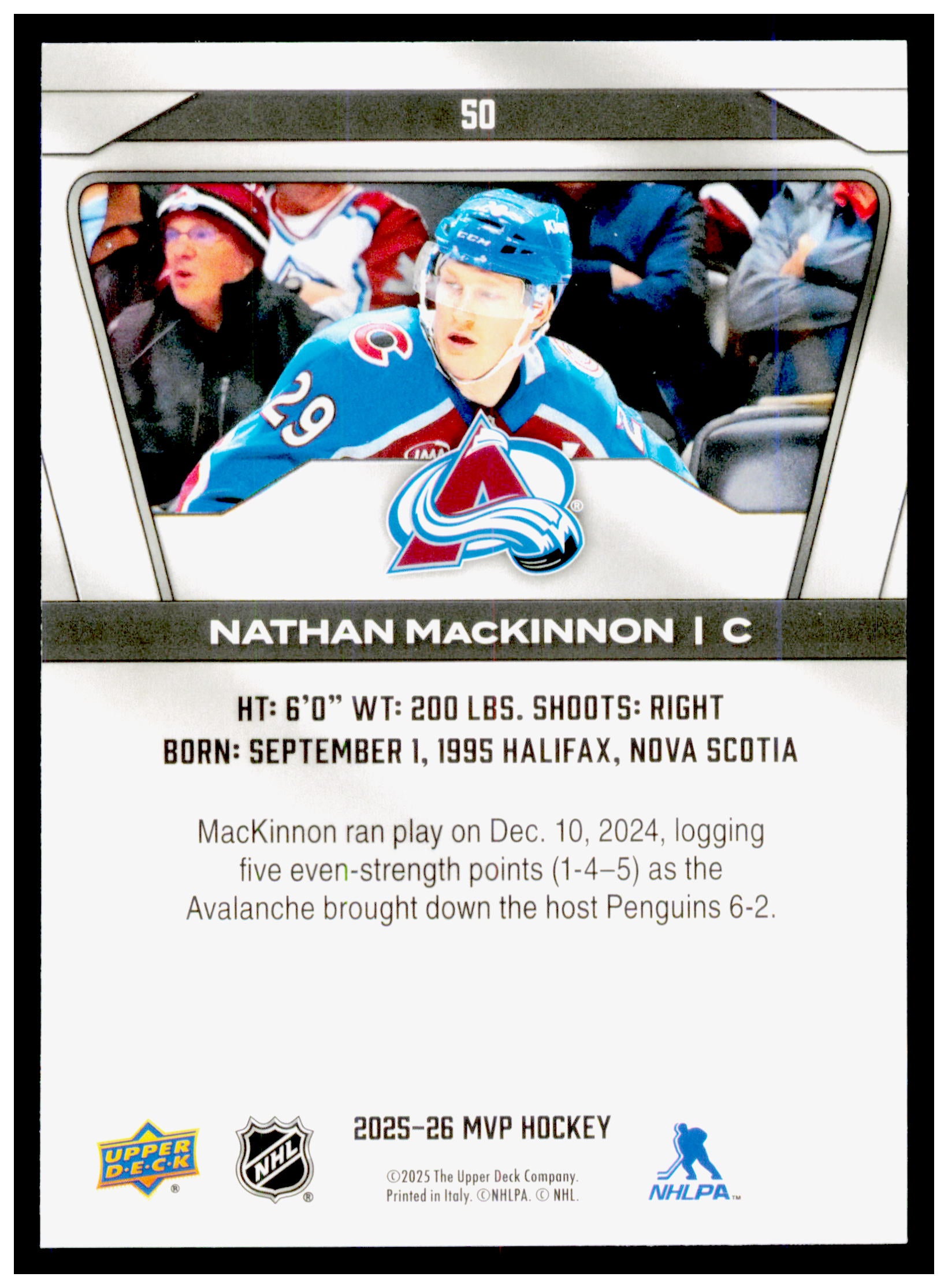 2025-26 Upper Deck MVP Nathan MacKinnon Card Gold Script Colorado Avalanche #50