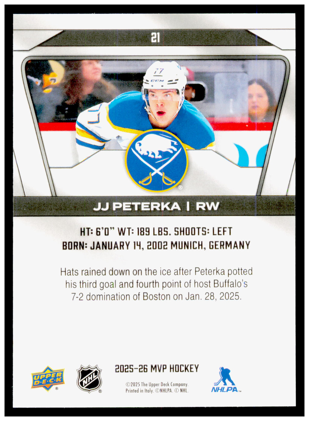 2025-26 Upper Deck MVP JJ Peterka Card Buffalo Sabres #21
