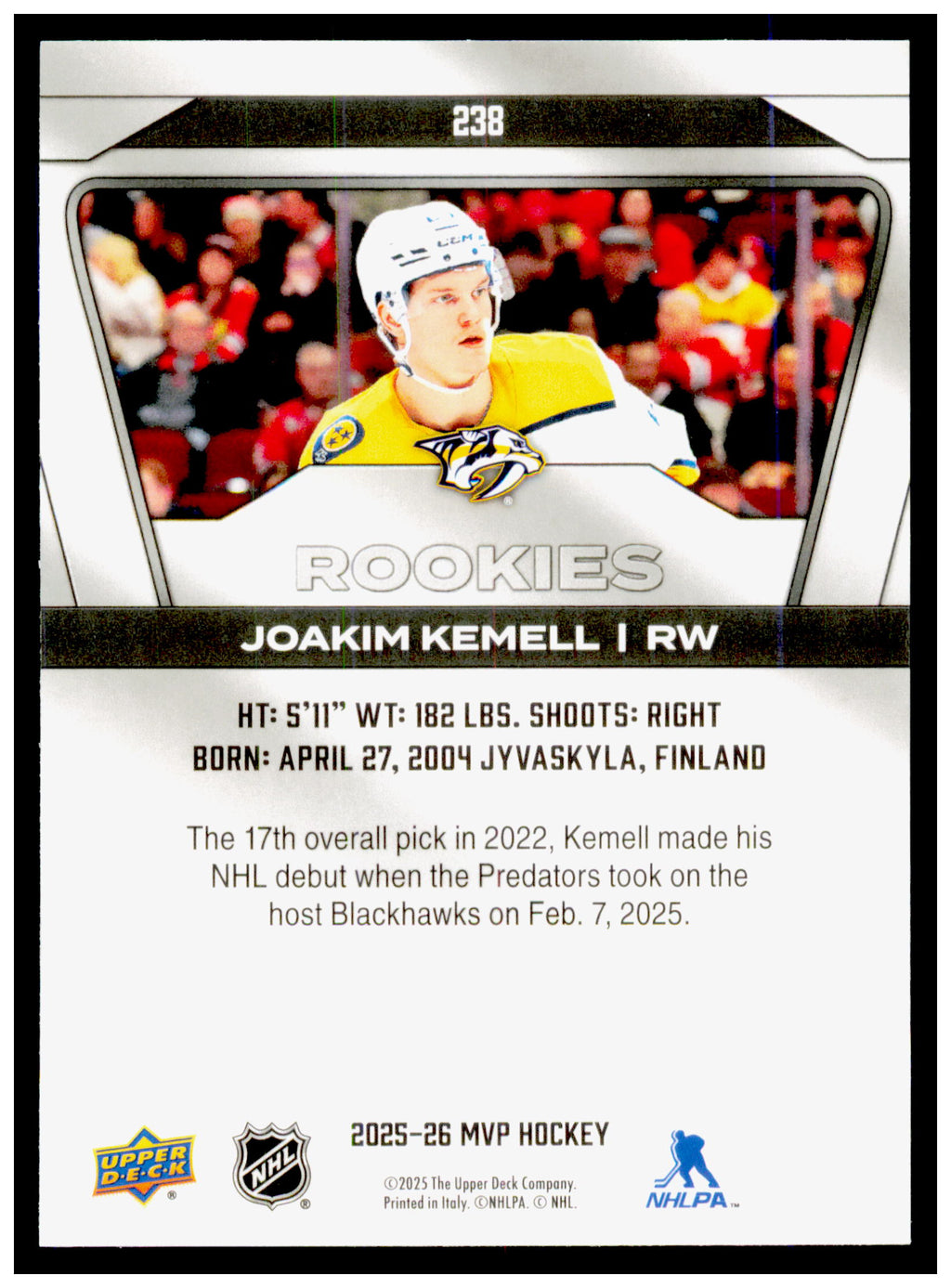 2025-26 Upper Deck MVP Joakim Kemell Card RC Nashville Predators #238