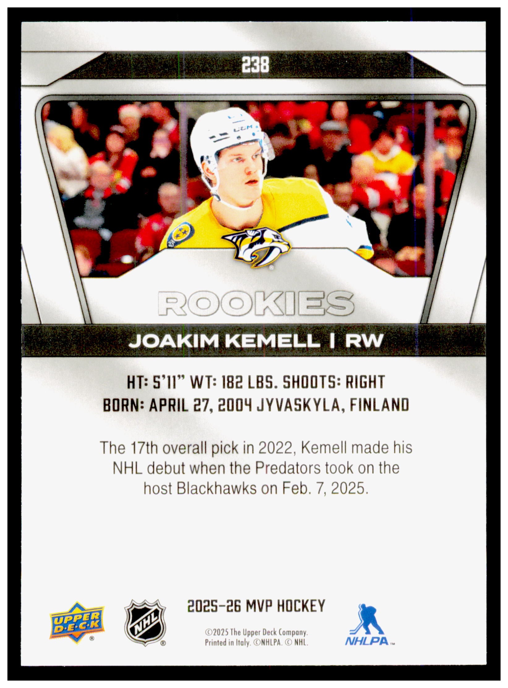 2025-26 Upper Deck MVP Joakim Kemell Card RC Nashville Predators #238