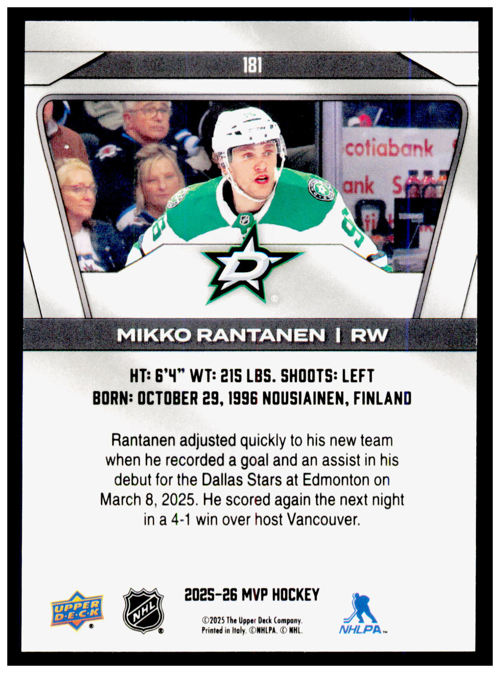 2025-26 Upper Deck MVP Mikko Rantanen Card Dallas Stars #181