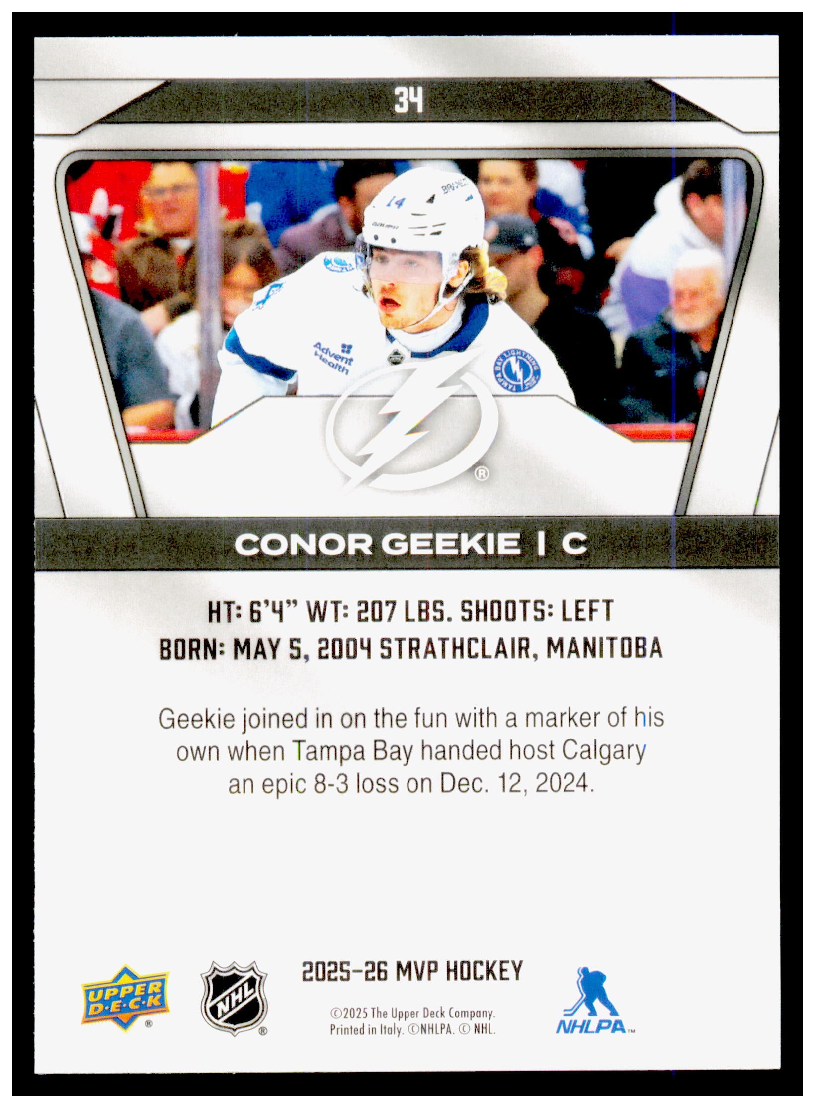 2025-26 Upper Deck MVP Conor Geekie Card Tampa Bay Lightning #34