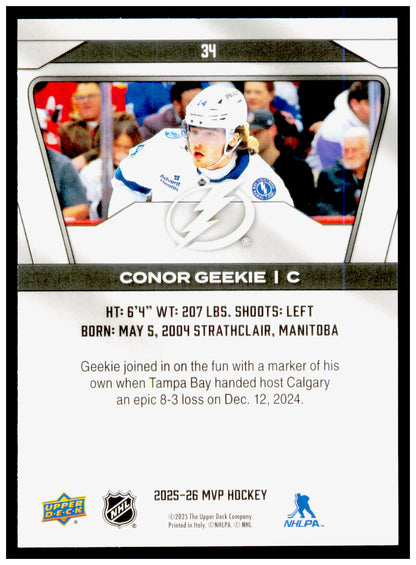 2025-26 Upper Deck MVP Conor Geekie Card Tampa Bay Lightning #34