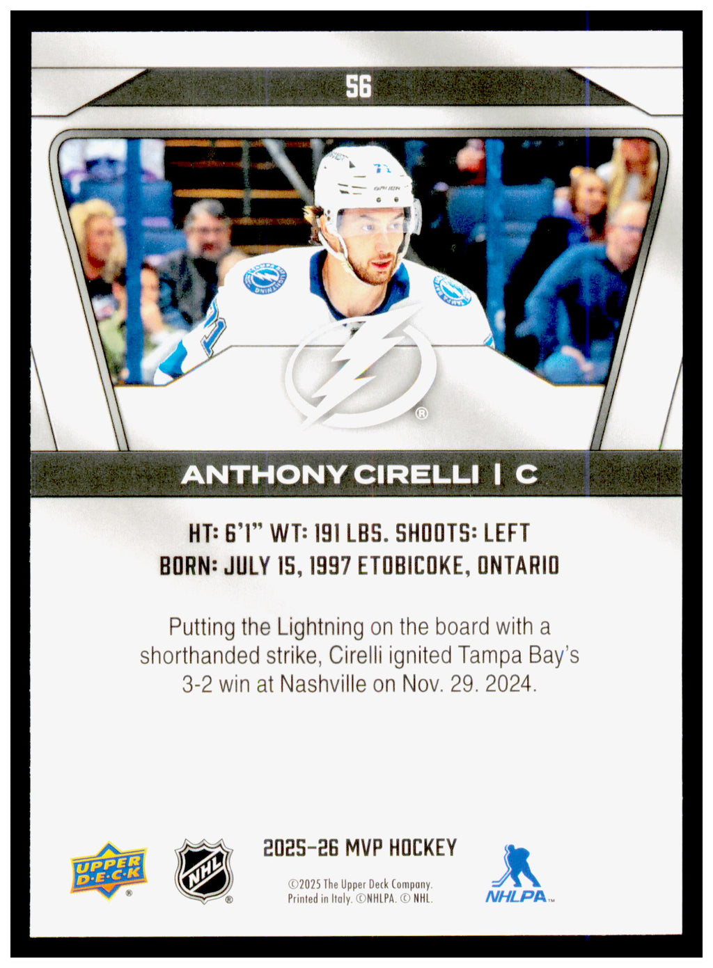 2025-26 Upper Deck MVP Anthony Cirelli Card Tampa Bay Lightning #56