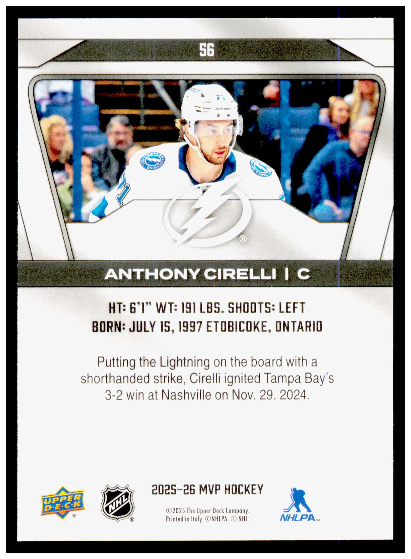 2025-26 Upper Deck MVP Anthony Cirelli Card Tampa Bay Lightning #56