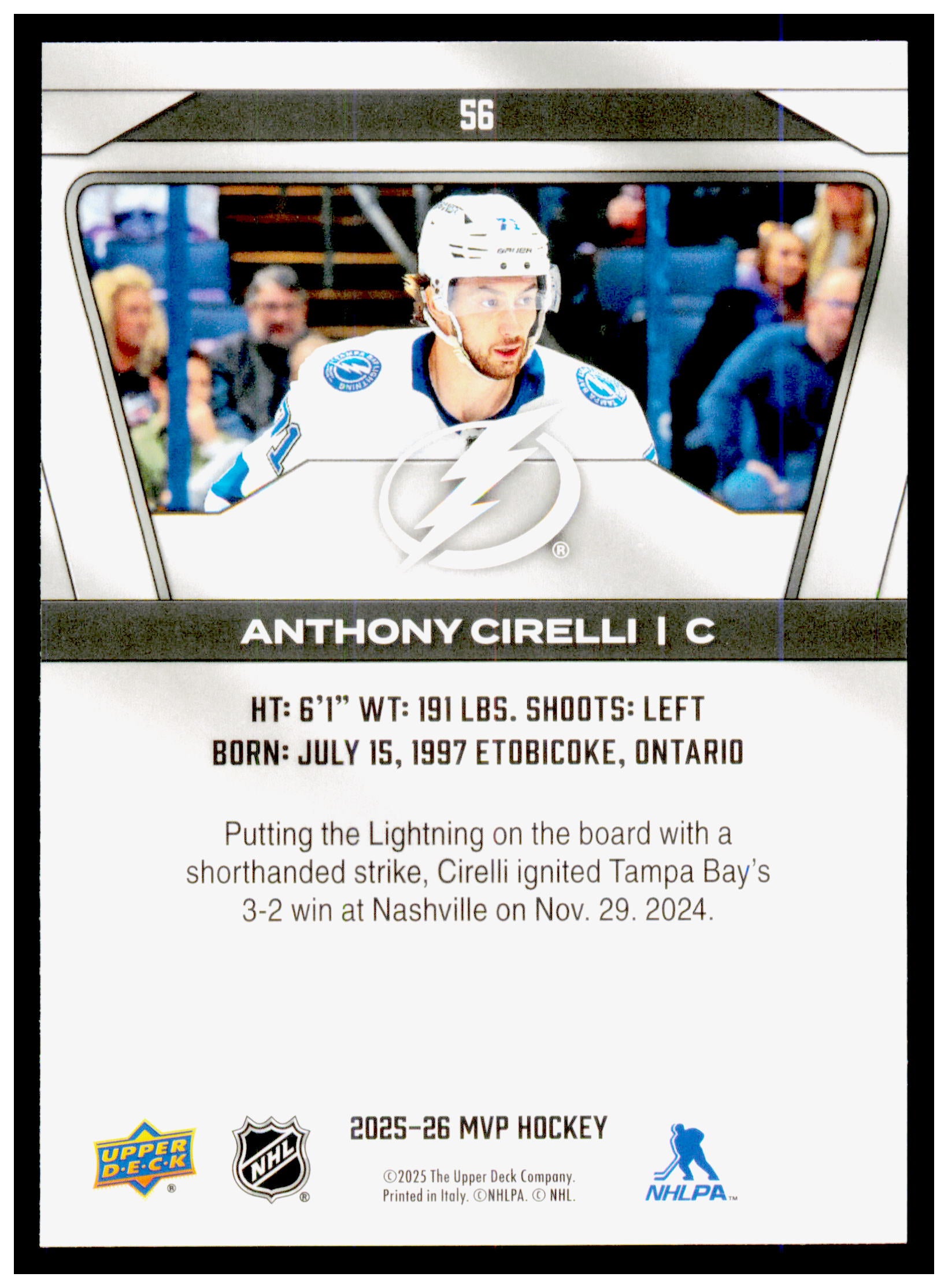 2025-26 Upper Deck MVP Anthony Cirelli Card Tampa Bay Lightning #56