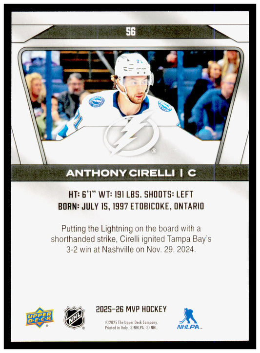 2025-26 Upper Deck MVP Anthony Cirelli Card Tampa Bay Lightning #56