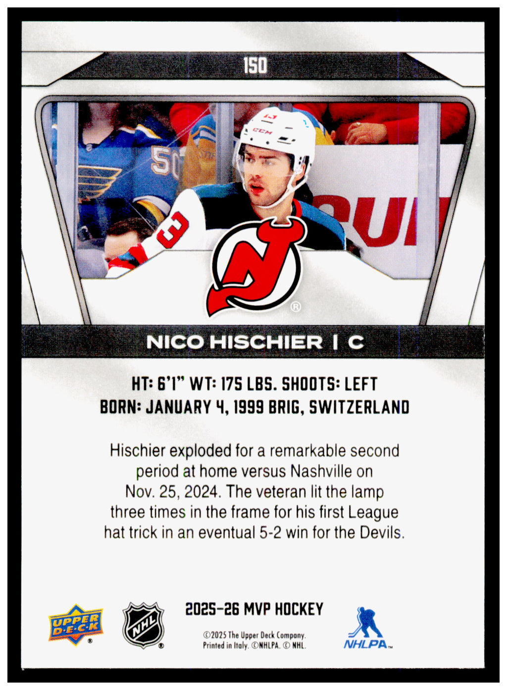 2025-26 Upper Deck MVP Nico Hischier Card New Jersey Devils #150