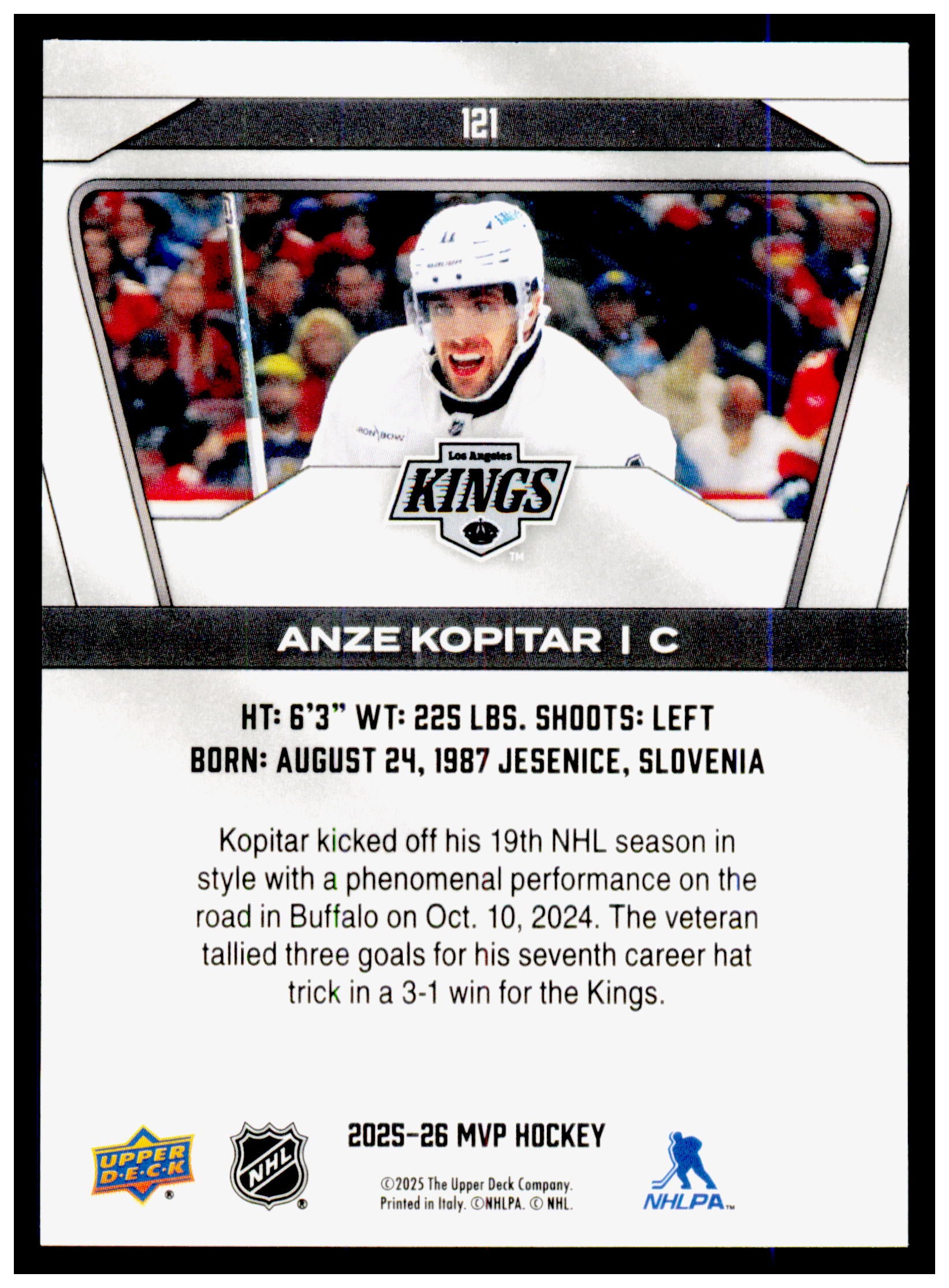 2025-26 Upper Deck MVP Anze Kopitar Card Los Angeles Kings #121