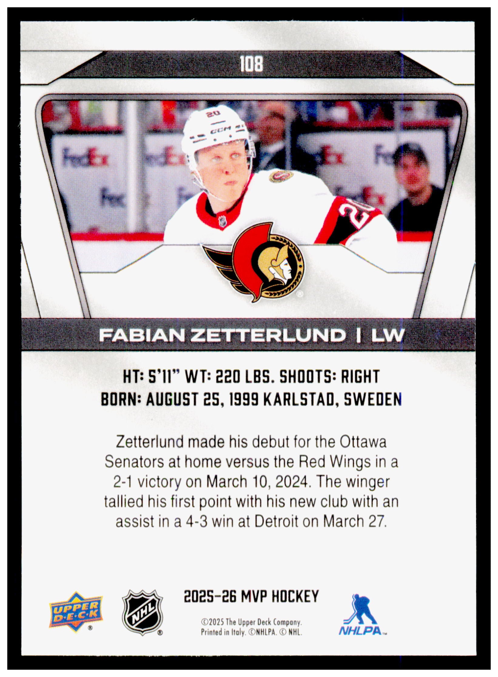 2025-26 Upper Deck MVP Fabian Zetterlund Card Ottawa Senators #108