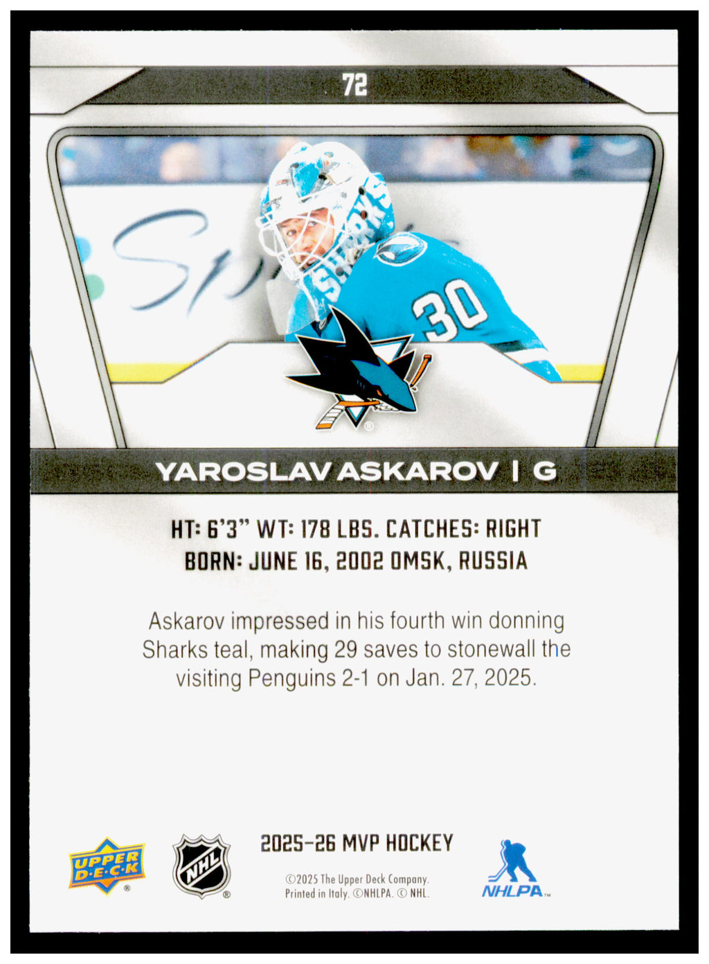 2025-26 Upper Deck MVP Yaroslav Askarov Card San Jose Sharks #72