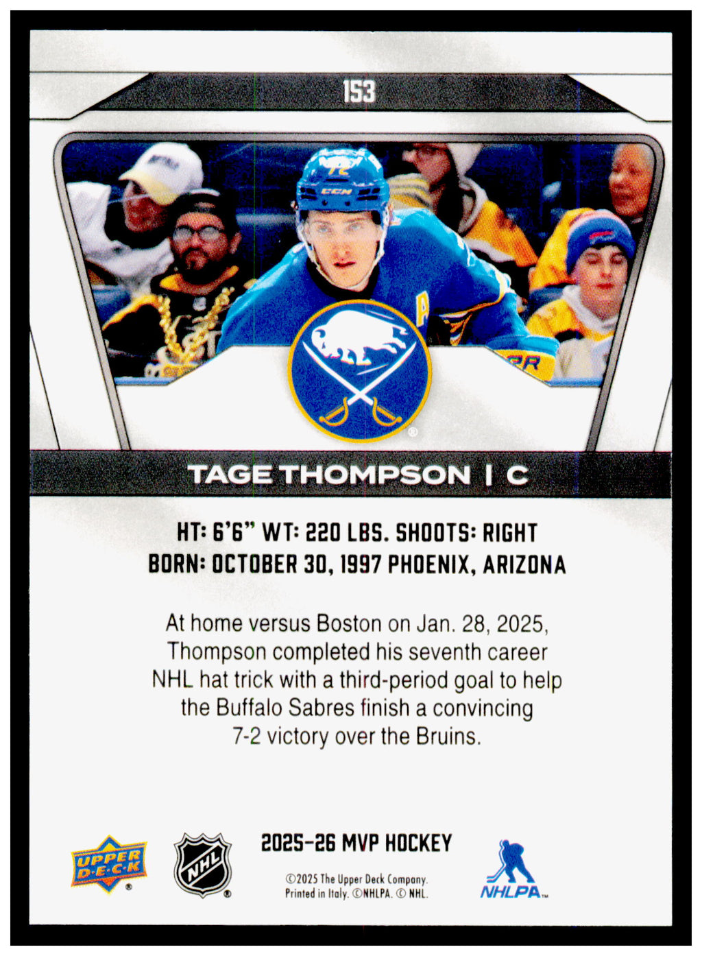 2025-26 Upper Deck MVP Tage Thompson Card Buffalo Sabres #153