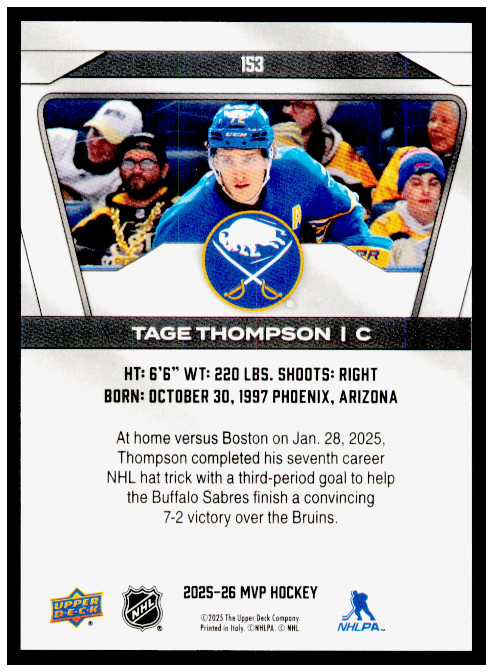 2025-26 Upper Deck MVP Tage Thompson Card Buffalo Sabres #153