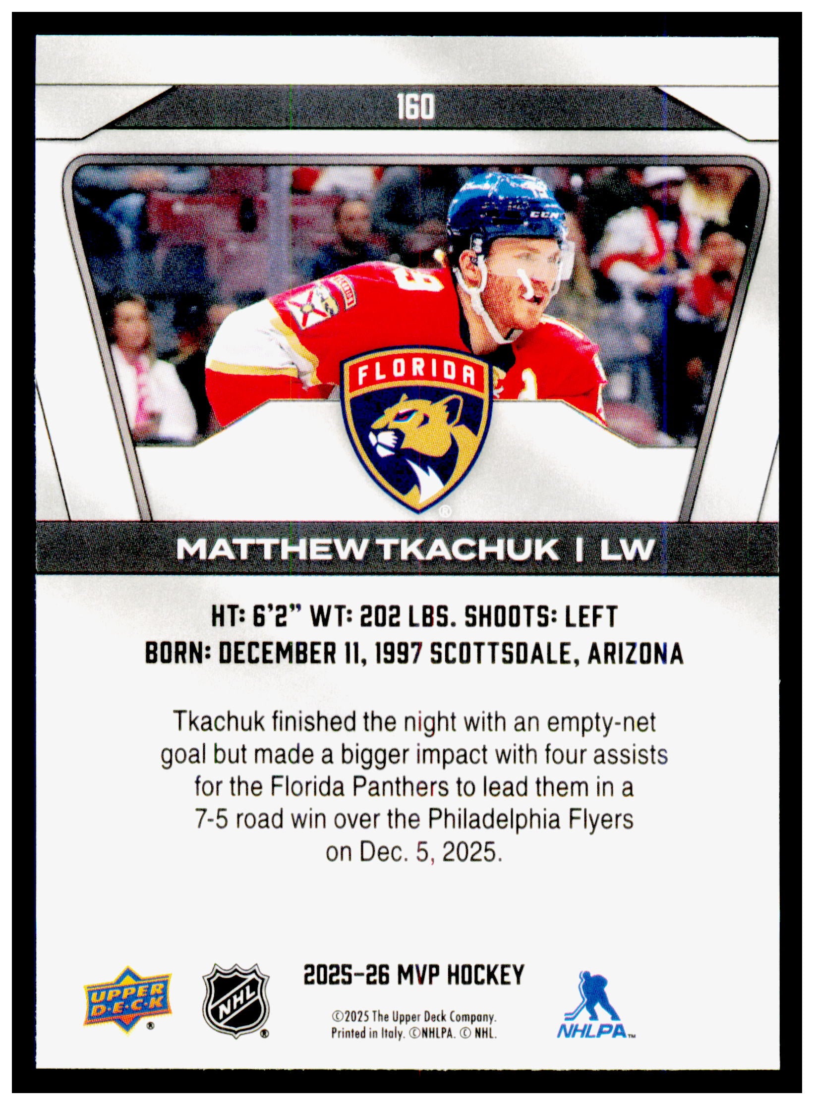 2025-26 Upper Deck MVP Matthew Tkachuk Card Florida Panthers #160