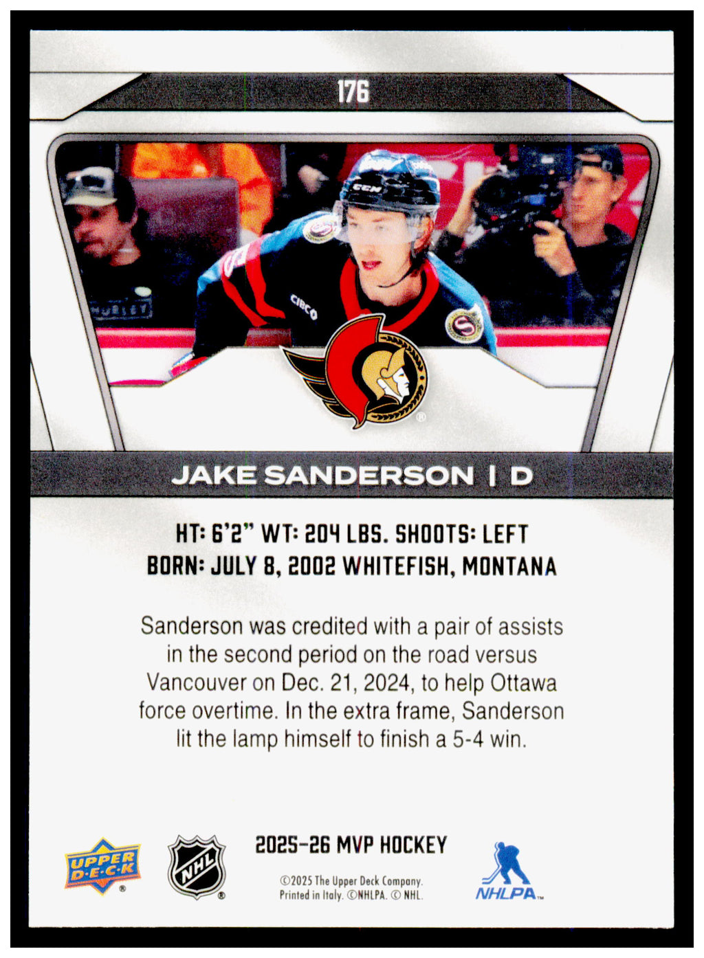2025-26 Upper Deck MVP Jake Sanderson Card Ottawa Senators #176