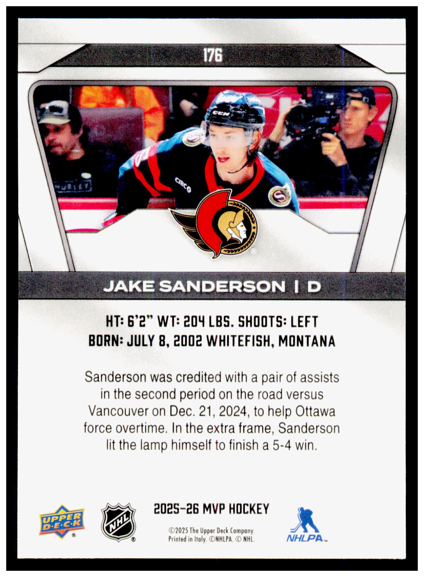 2025-26 Upper Deck MVP Jake Sanderson Card Ottawa Senators #176