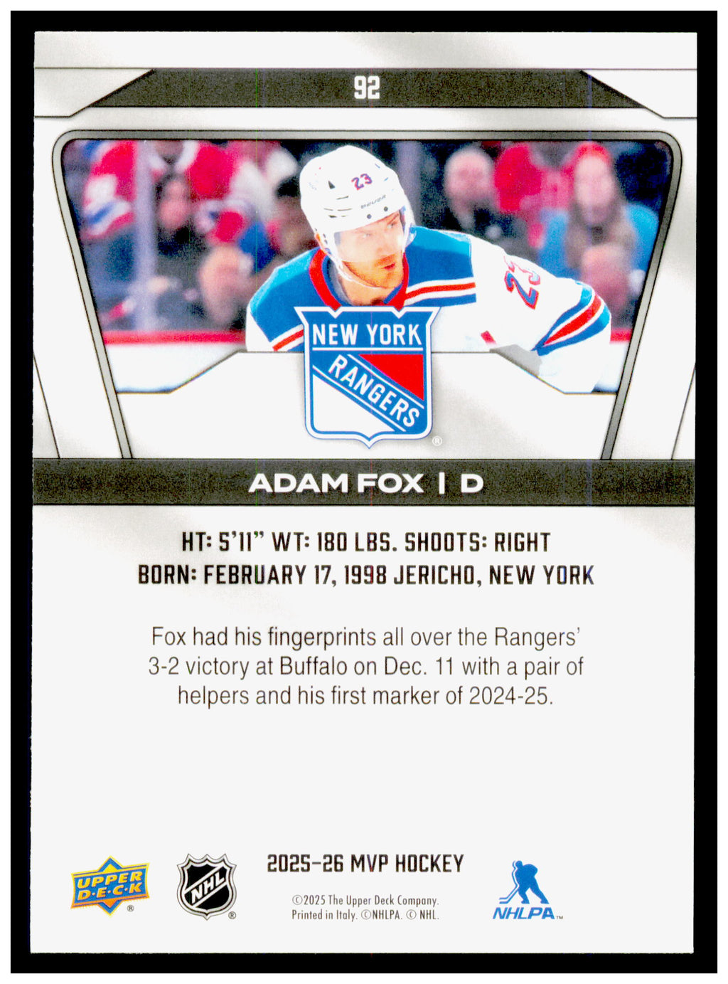 2025-26 Upper Deck MVP Adam Fox Card New York Rangers #92