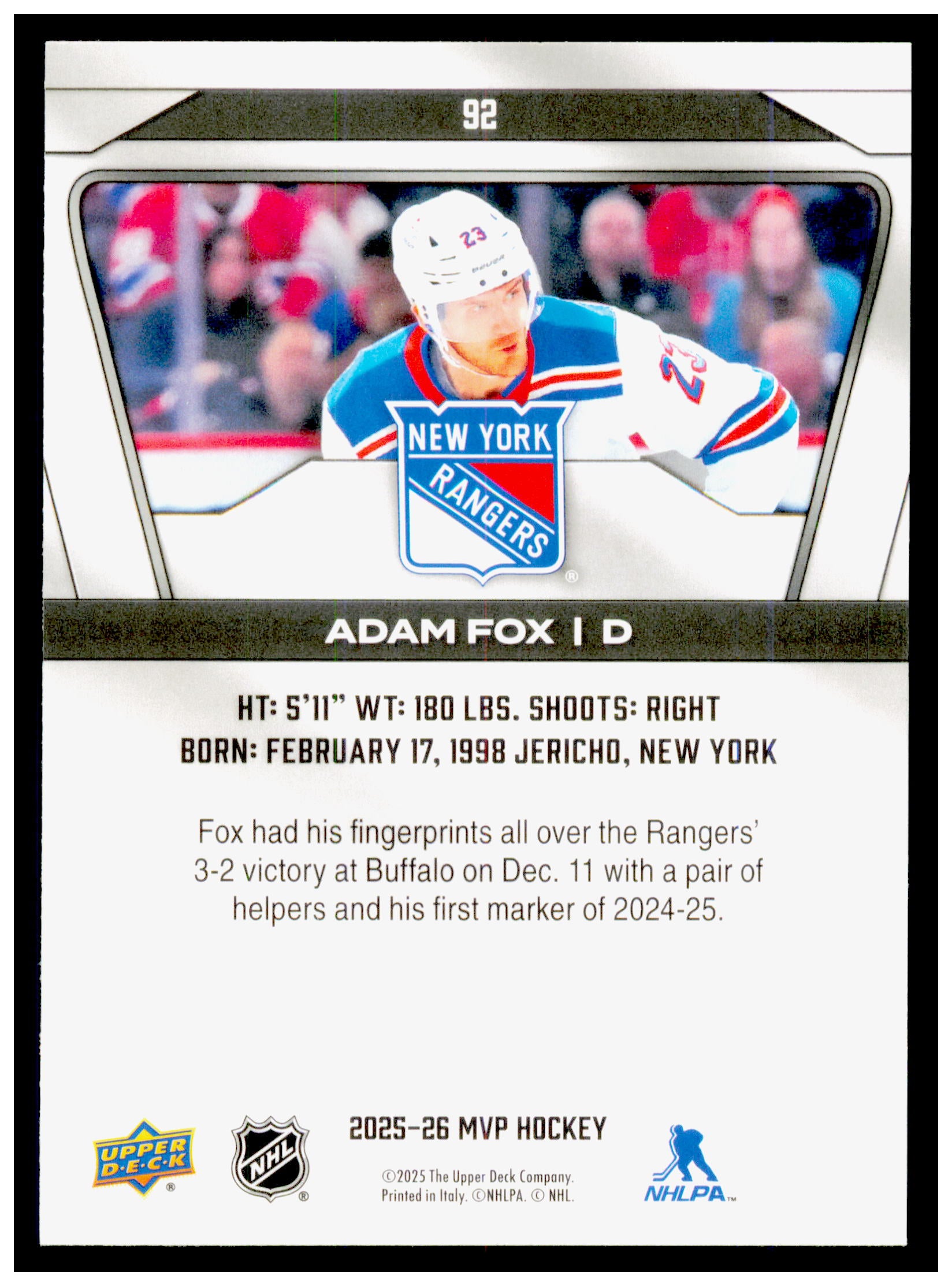2025-26 Upper Deck MVP Adam Fox Card New York Rangers #92