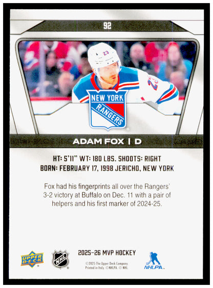 2025-26 Upper Deck MVP Adam Fox Card New York Rangers #92