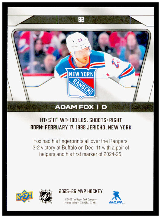 2025-26 Upper Deck MVP Adam Fox Card New York Rangers #92
