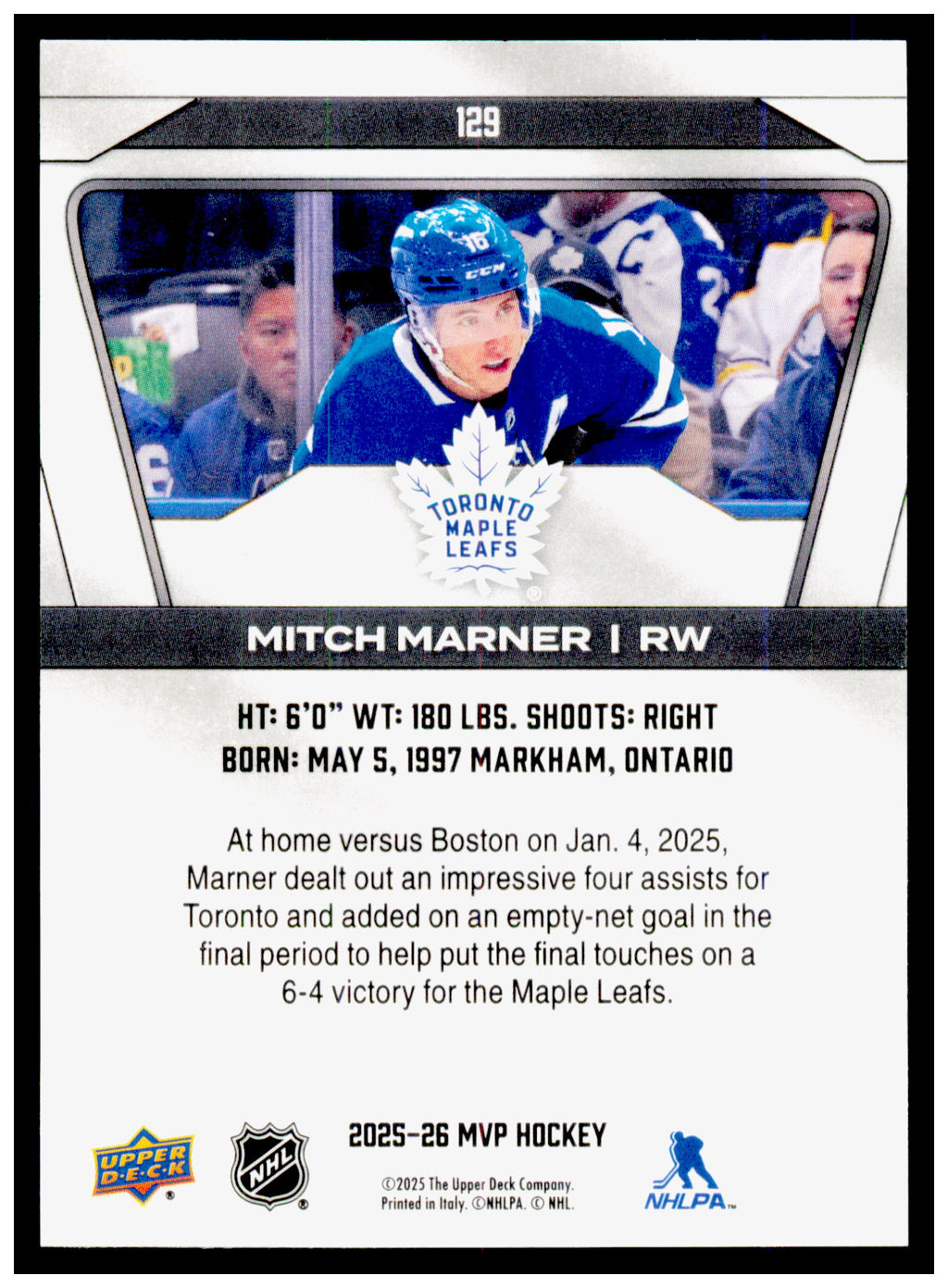 2025-26 Upper Deck MVP Mitch Marner Card Toronto Maple Leafs #129