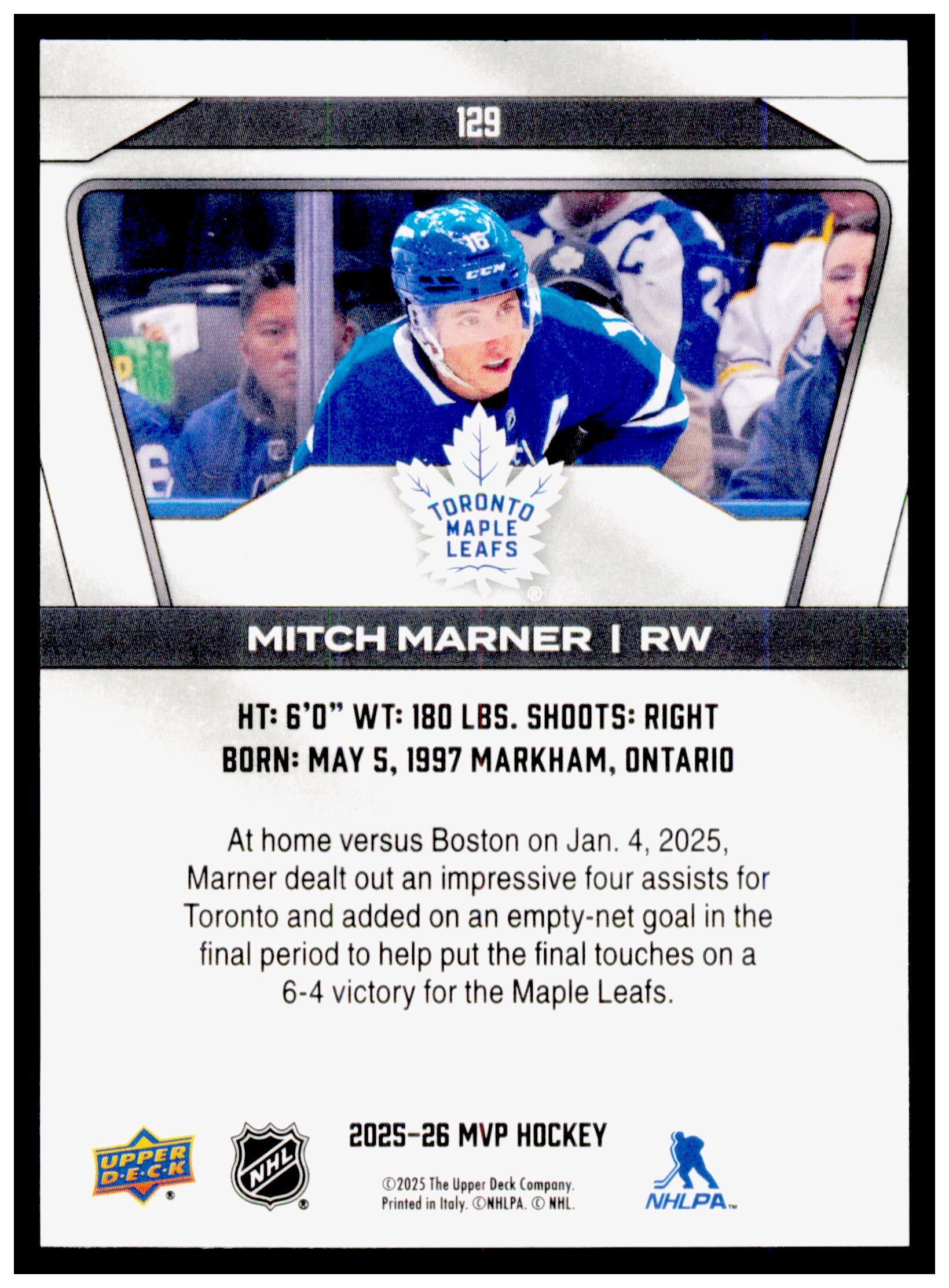 2025-26 Upper Deck MVP Mitch Marner Card Toronto Maple Leafs #129