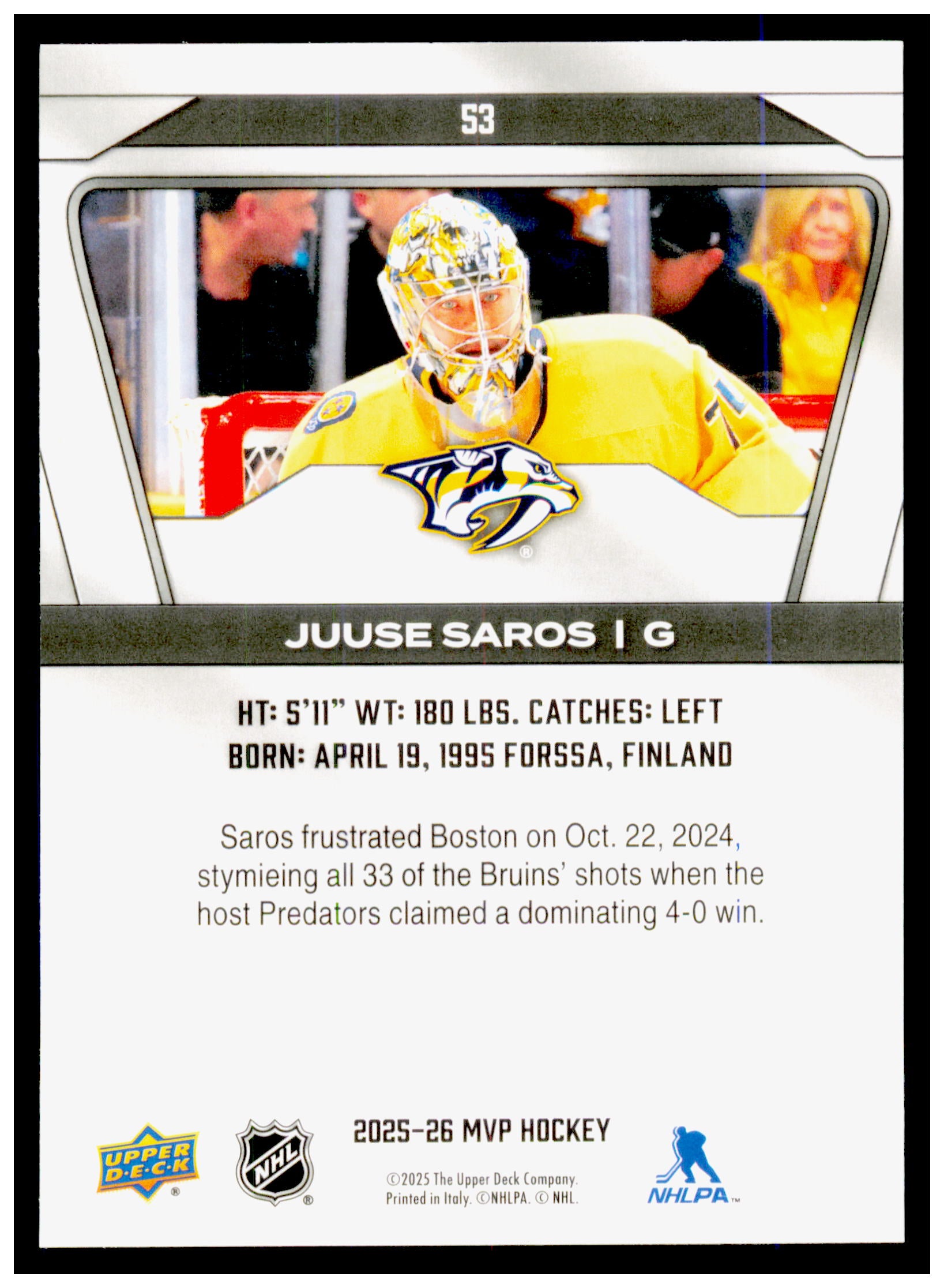 2025-26 Upper Deck MVP Juuse Saros Card Nashville Predators #53
