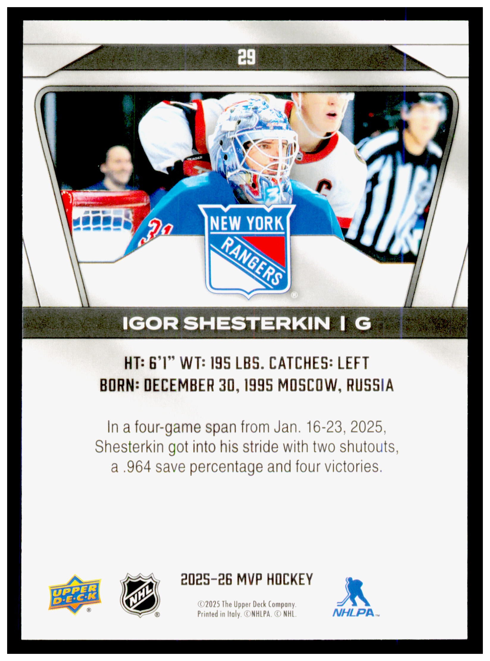 2025-26 Upper Deck MVP Igor Shesterkin Card New York Rangers #29
