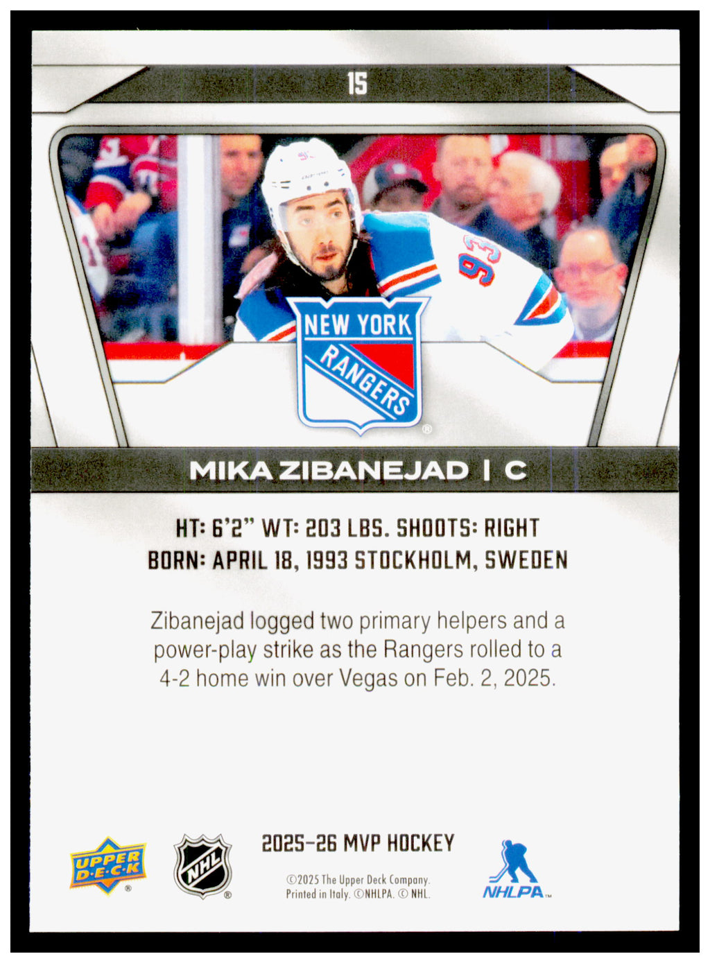 2025-26 Upper Deck MVP Mika Zibanejad Card New York Rangers #15