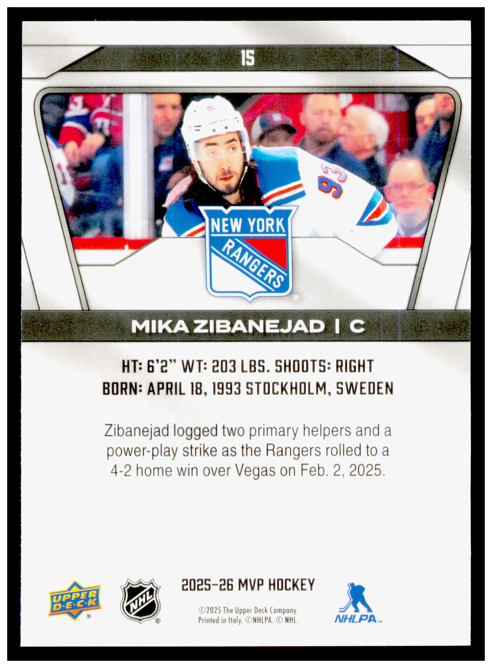 2025-26 Upper Deck MVP Mika Zibanejad Card New York Rangers #15