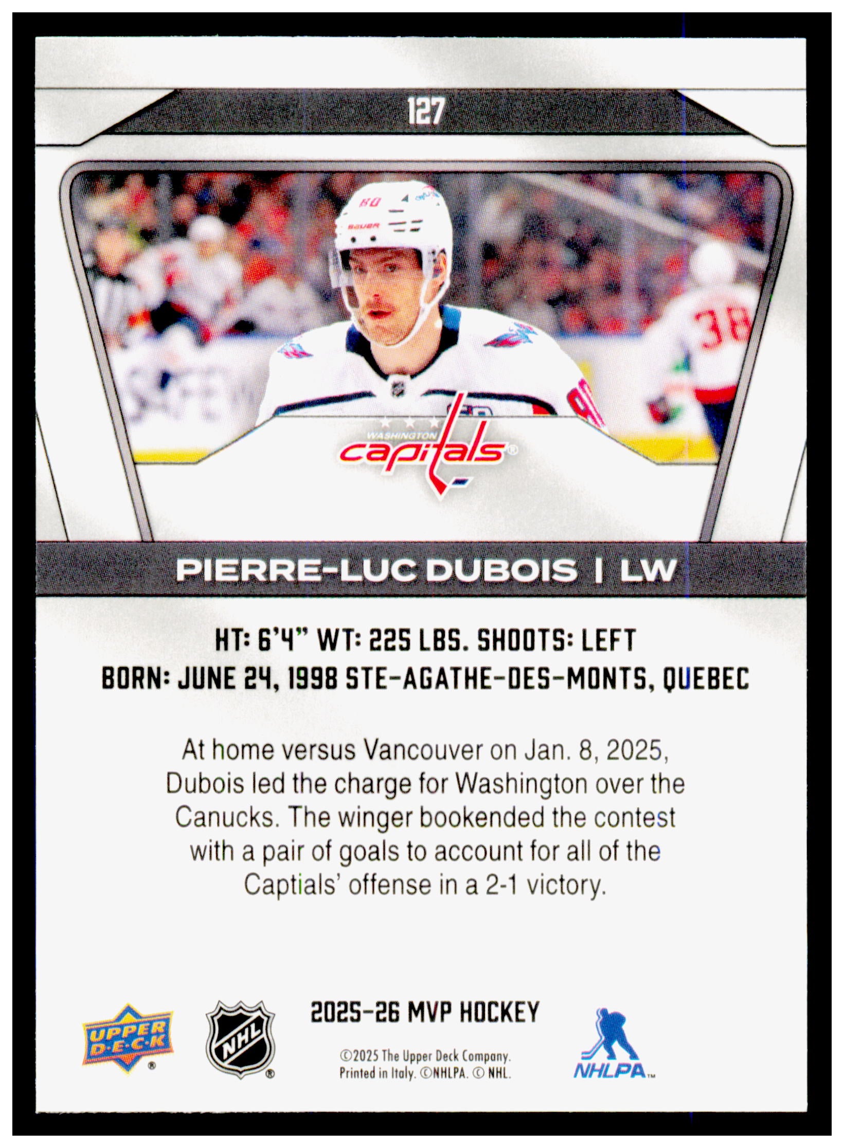 2025-26 Upper Deck MVP Pierre-Luc Dubois Card Washington Capitals #127