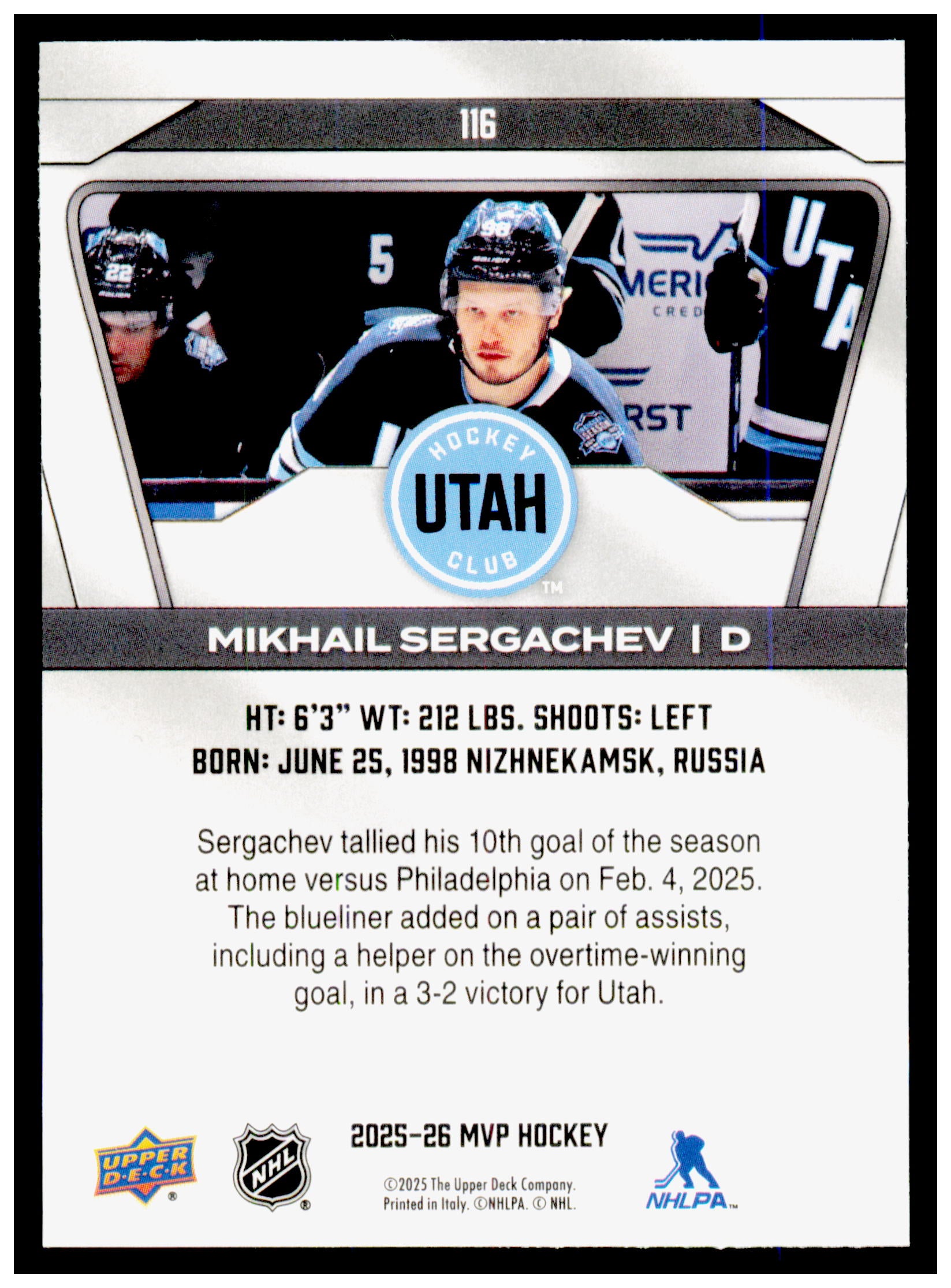 2025-26 Upper Deck MVP Mikhail Sergachev Card Utah Hockey Club #116
