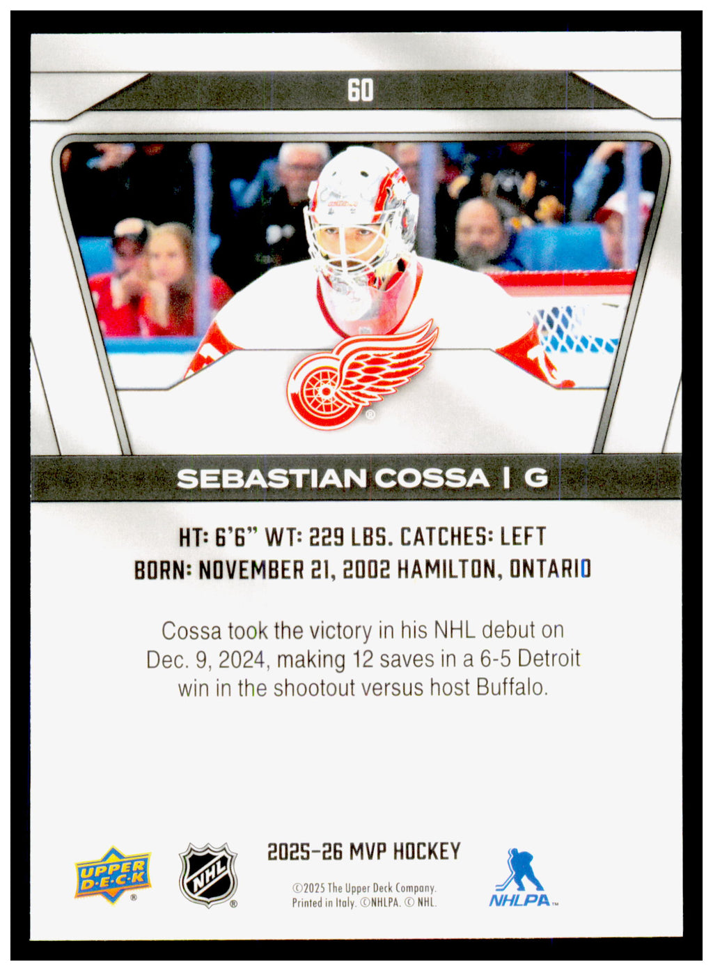 2025-26 Upper Deck MVP Sebastian Cossa Card Detroit Red Wings #60