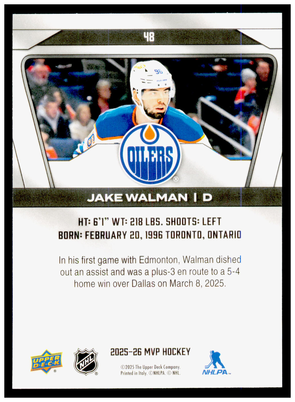 2025-26 Upper Deck MVP Jake Walman Card Edmonton Oilers #48