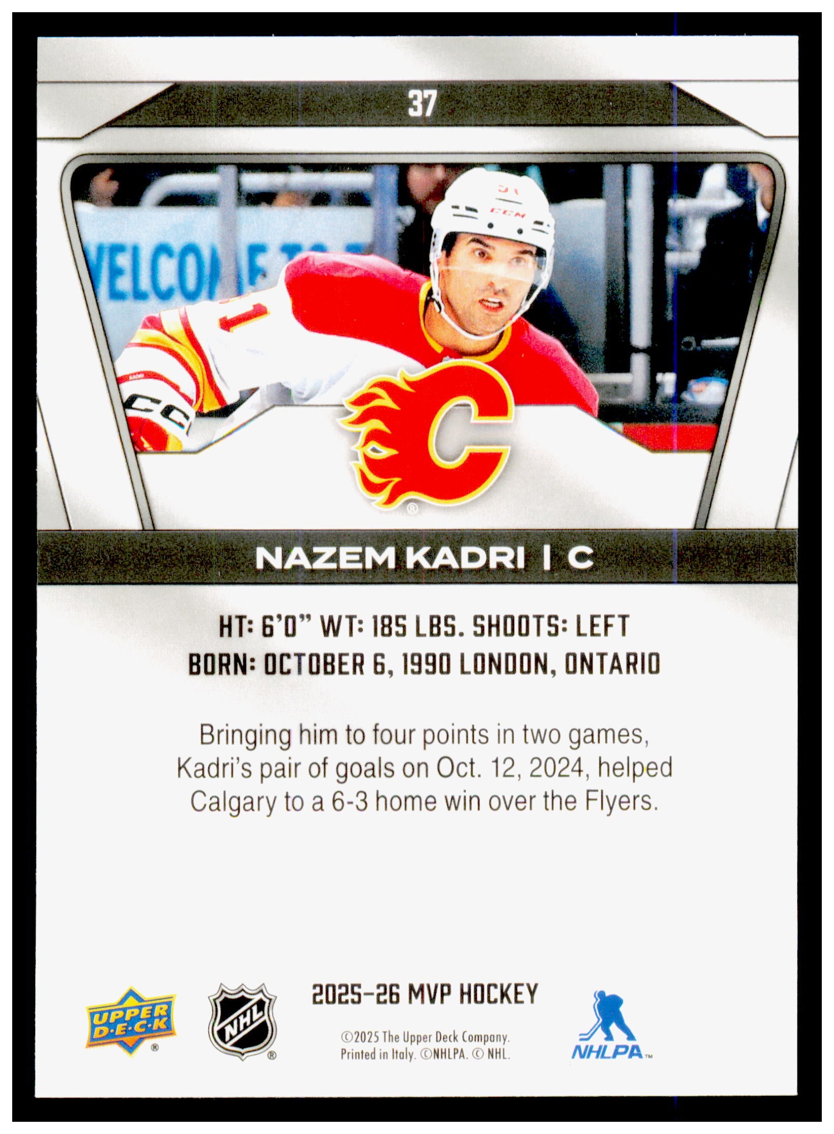 2025-26 Upper Deck MVP Nazem Kadri Card Calgary Flames #37