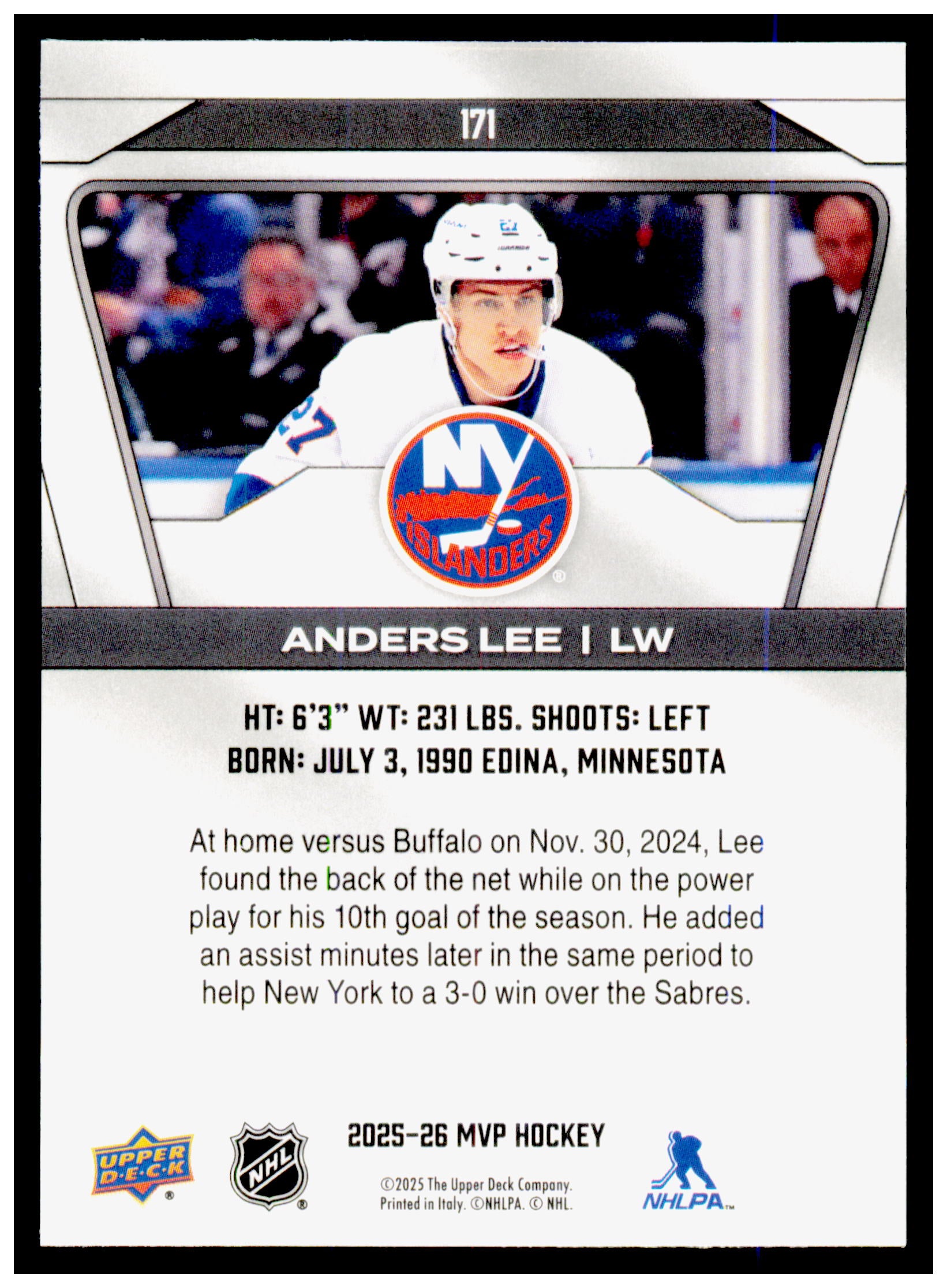 2025-26 Upper Deck MVP Anders Lee Card New York Islanders #171