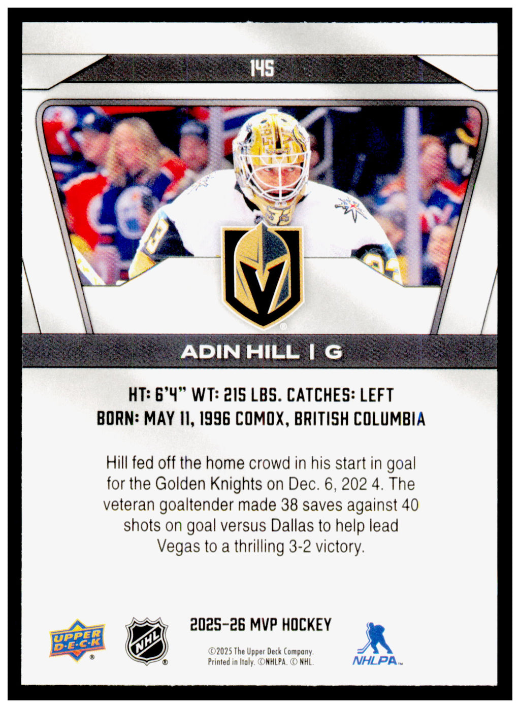 2025-26 Upper Deck MVP Adin Hill Card Vegas Golden Knights #145