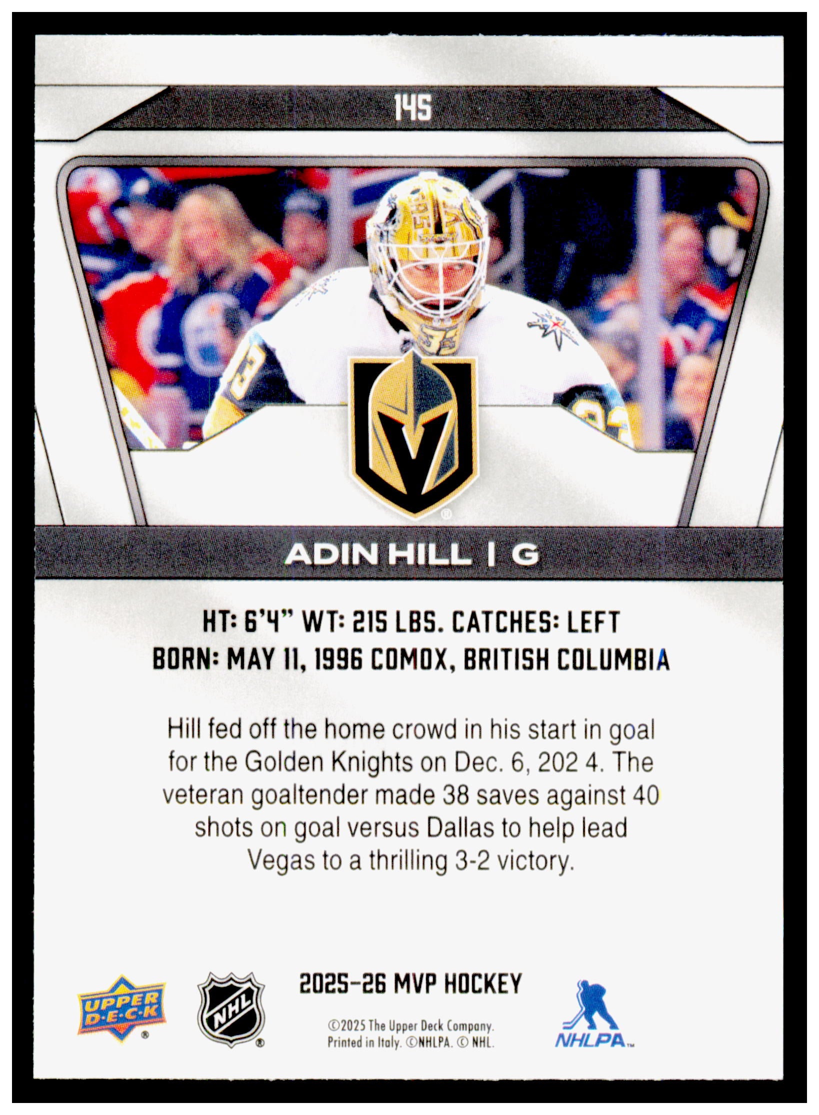 2025-26 Upper Deck MVP Adin Hill Card Vegas Golden Knights #145
