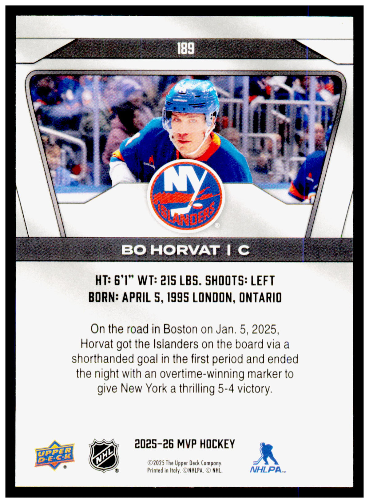 2025-26 Upper Deck MVP Bo Horvat Card New York Islanders #189