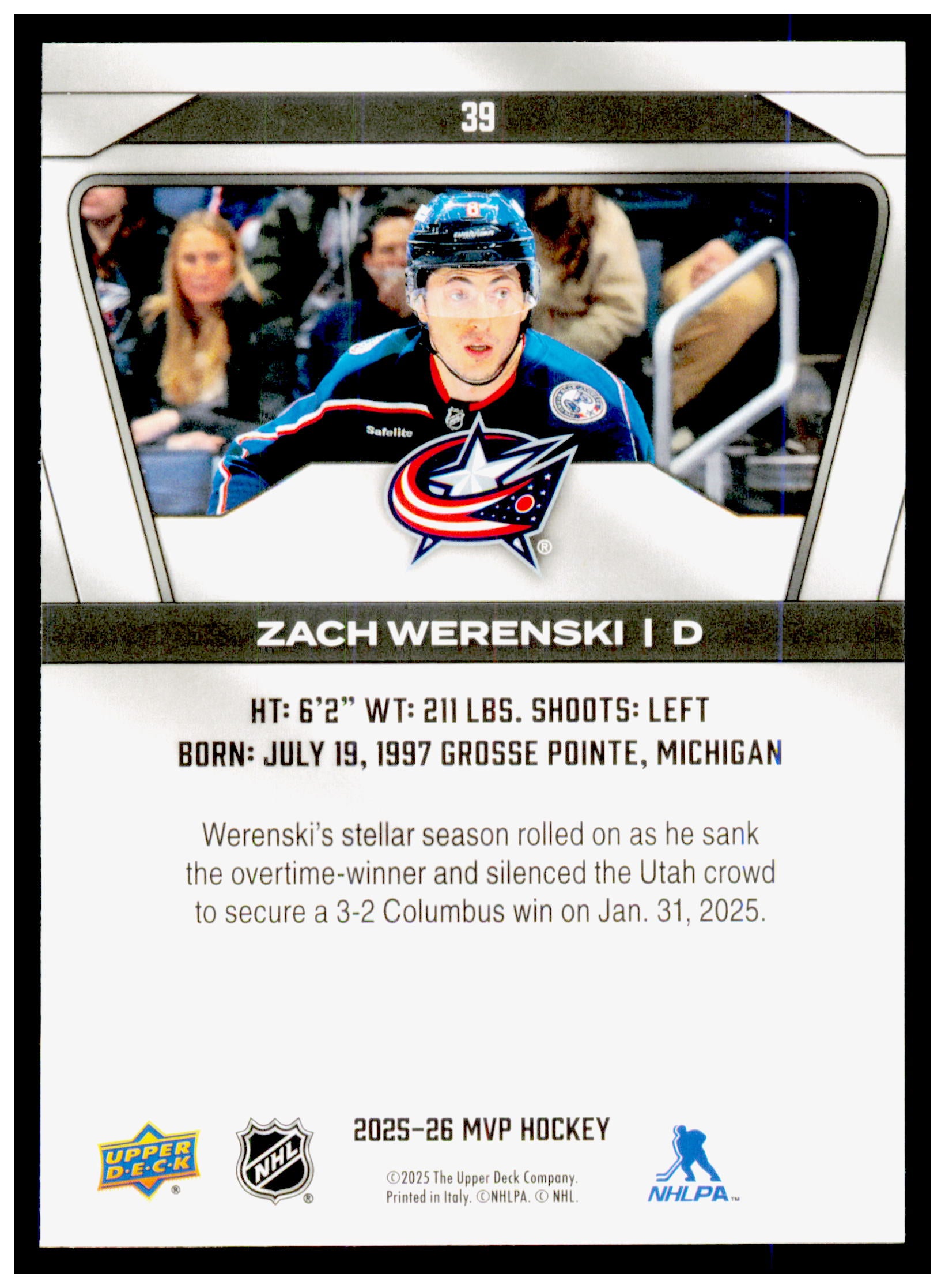 2025-26 Upper Deck MVP Zach Werenski Card Columbus Blue Jackets #39